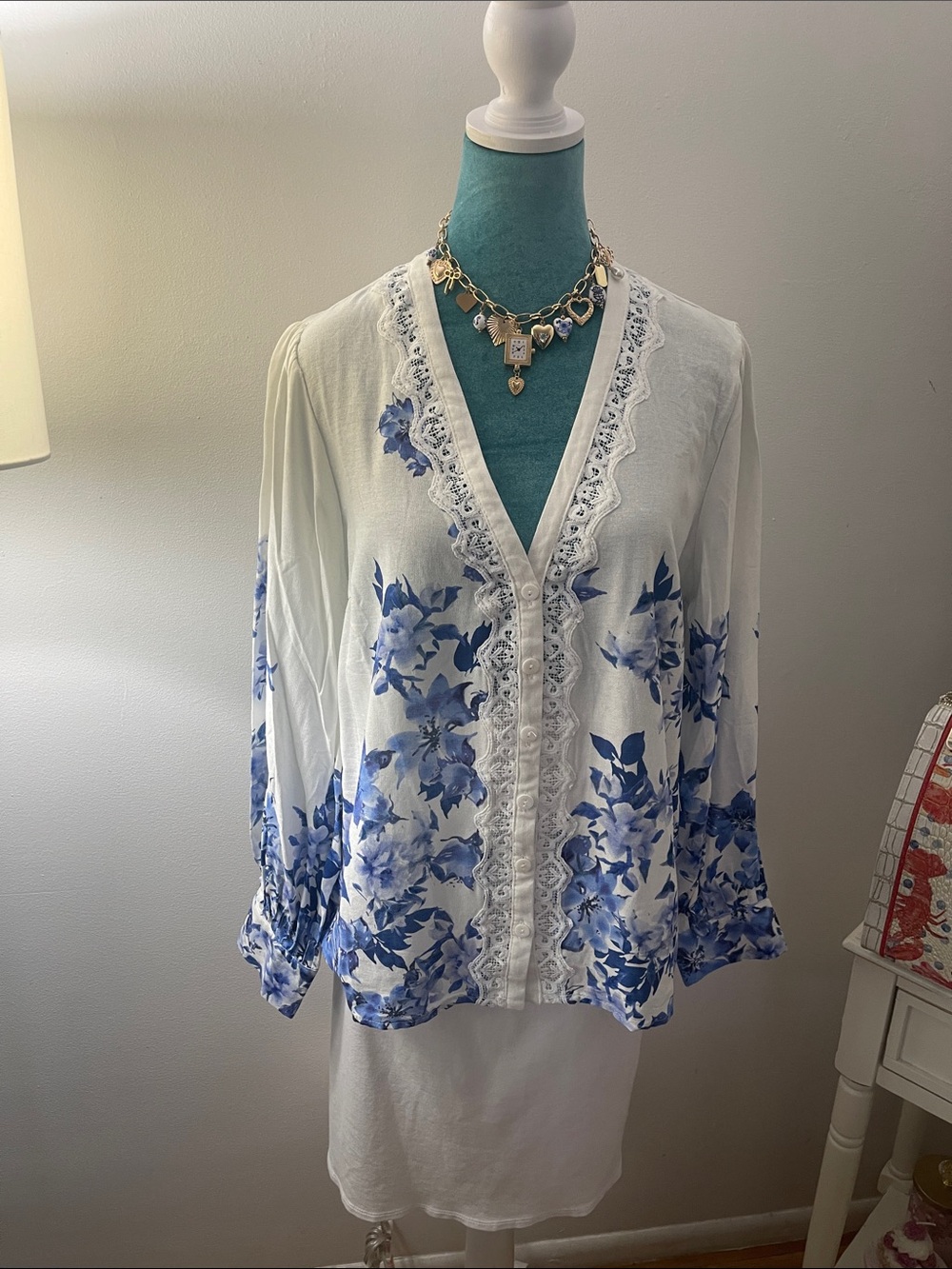 Aqua White V-Neck Button Front Blouse with Blue Floral Print